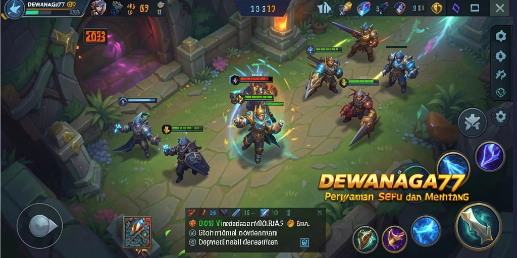 Screenshot gameplay DEWANAGA77 menunjukkan aksi tim dalam pertempuran MOBA.