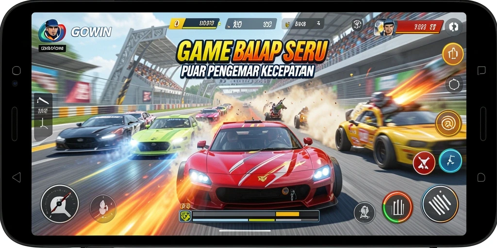 Screenshot gameplay <strong>GOWIN</strong> yang menampilkan balapan menegangkan di trek.
