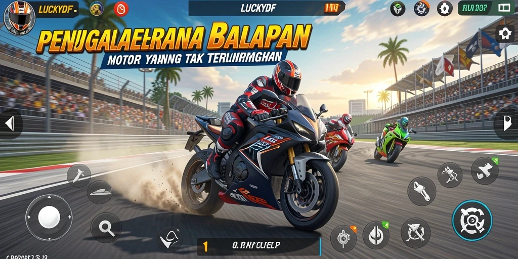 Gameplay menegangkan di LUCKYDF dengan balapan motor yang seru.