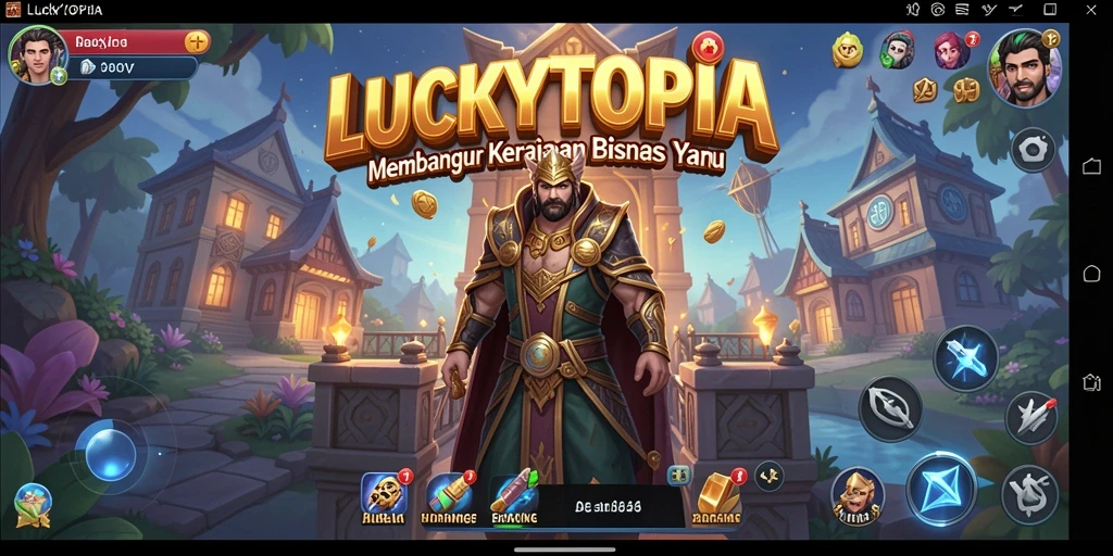 Tampilan menakjubkan dari gameplay LUCKYTOPIA yang menggambarkan pengelolaan bisnis.