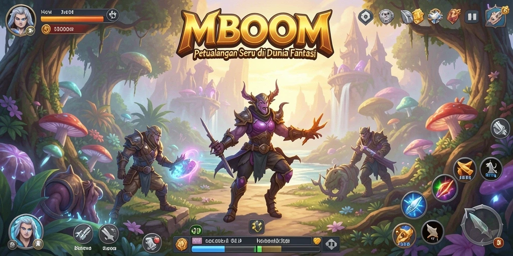 Tampilan utama gameplay petualangan MBOOM dengan aksi yang seru.