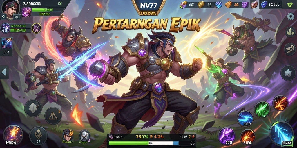 Screenshot gameplay NV77 menampilkan pertempuran seru di arena MOBA.