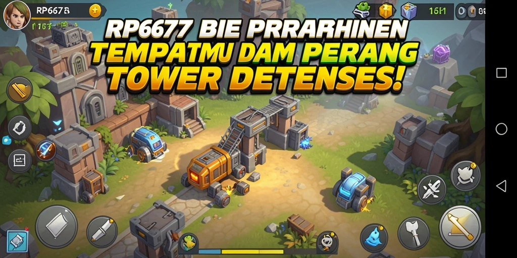 Tampilan gameplay RP6677 dengan menara yang siap bertahan dari serangan musuh.