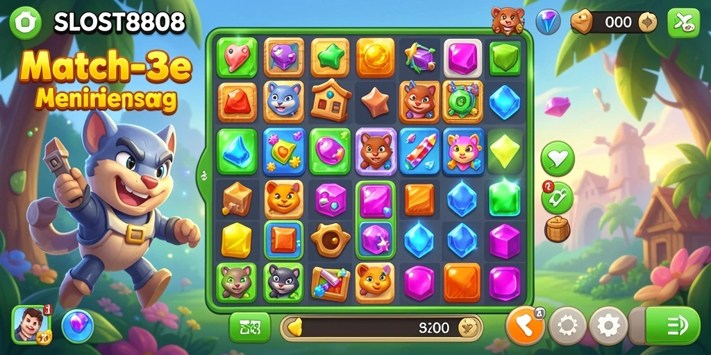 Gambar menunjukkan gameplay SLOST8808 dengan berbagai objek match-3 yang berwarna-warni.