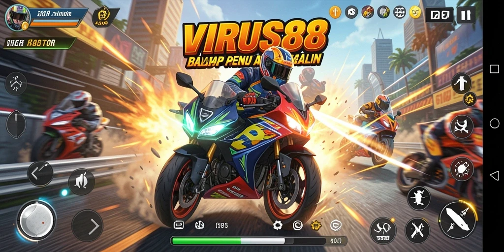 Tampilan gameplay balapan motor yang seru dan menegangkan di VIRUS88.