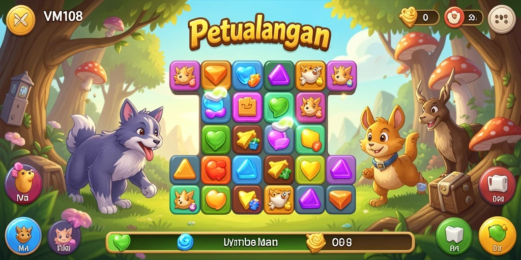 Tangkapan layar utama VM108 menampilkan momen seru dalam bermain Match-3.